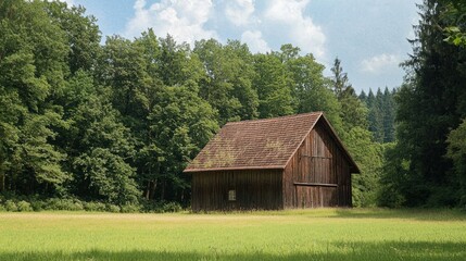 Obraz premium A rustic wooden barn with a sloped roof and a corrugated metal roof, surrounded by a lush green field with trees in the background.