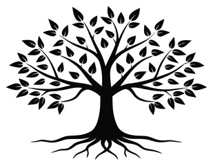 Obraz premium Black and white tree silhouette with detailed leaves and roots illustration