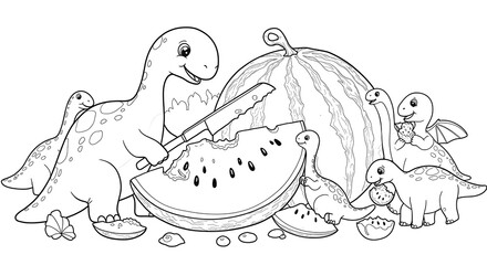 Naklejka premium Cartoon Dinosaurs Enjoying Watermelon: A Delightful Black and White Illustration