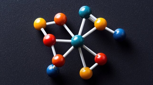 A colorful molecular model with red, yellow, blue, and green spheres connected by white rods on a black background. - Powered by Adobe