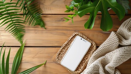 Smartphone rests on a woven tray, surrounded by greenery and a knitted blanket on a light brown wooden table