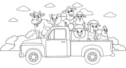 Cartoon Farm Animals Ride in a Classic Pickup Truck Coloring Page Illustration
