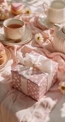 Pink gift box with ribbon, teacup, and pastries on a table draped in blush fabrics
