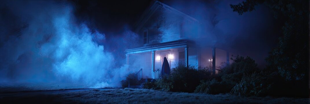 A creepy, fog-shrouded house at night