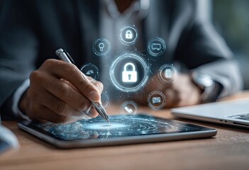Businessperson using digital tablet with security interface
