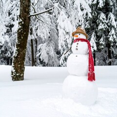 Snowman in a Snowy Forest, Nature Scene, Outdoor Adventure, Tranquil Atmosphere