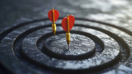 Two red and two yellow darts on a black dartboard with a white background, one dart in the center and two on the sides.