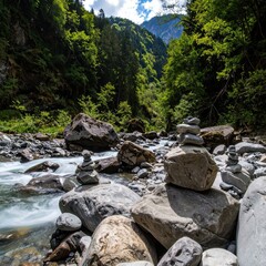 Nature Landscape, River Rocks, Mountain View, Scenic Photography, Tranquil Environment, Outdoor Serenity