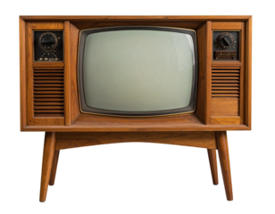  Mid-Century Retro Wooden TV Stand with Vintage Television, Front View, Isolated on White