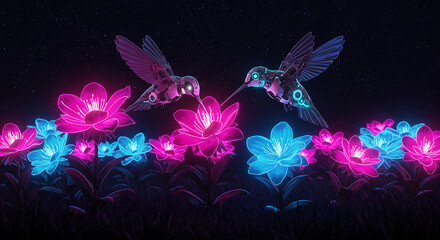 Enchanted Neon Flutter: Two neon hummingbirds delicately sip nectar from radiant flowers, casting an ethereal glow against the dark canvas. 
