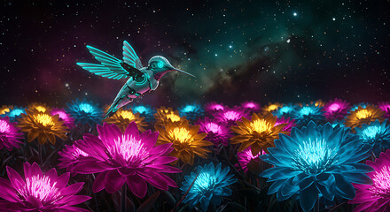 Enchanting Hummingbird in Bloom: A magical hummingbird hovers above a vibrant field of luminous flowers, set against a stunning night sky dotted with twinkling stars.