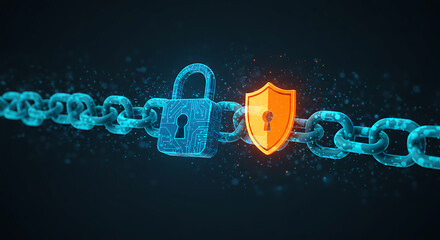Data Security: A visual depiction of data security, featuring a secure lock and protective shield interlinked with a chain, symbolizing the safeguarding of valuable information and digital assets.