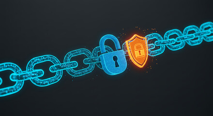 Digital Security: This image depicts a glowing digital chain, secured by a padlock and a shield. It symbolizes data protection and cybersecurity.