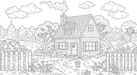 Obraz premium Charming Country Cottage with Smoking Chimney, Surrounded by Flowers and a Picket Fence, Line Art