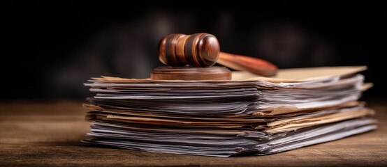 Close-up of a wooden gavel resting on a stack of papers in a dimly lit setting