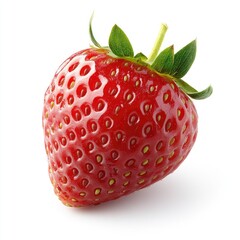 Single, vibrant red strawberry, glossy surface, small seeds, green leaves, isolated on white background