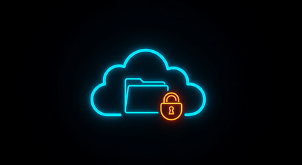 Cybersecurity Sentinel: The image showcases a digital cloud icon enveloped in a luminous blue neon glow, with an orange padlock, symbolizing secure data storage and protection.