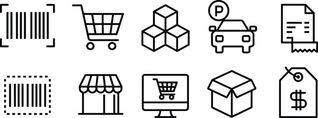 Flat vector illustration of shopping icons with barcode, e-commerce cart, retail store, receipt, packaging, delivery, price tag, product sale