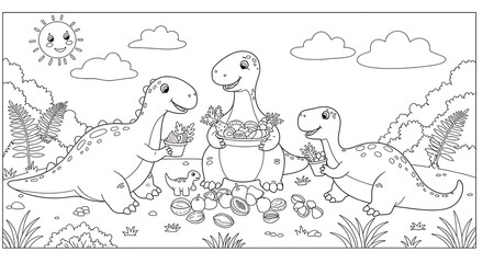 Cheerful Dinosaurs Sharing Fruits and Vegetables in a Sunny, Playful Coloring Page