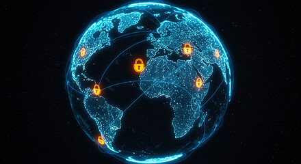 Digital World Protection: A glowing depiction of Earth surrounded by a network of secure locks, representing global cybersecurity, data protection, and digital security.