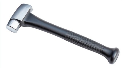 A black and chrome hammer with a black handle, lying on a white surface with a black background.
