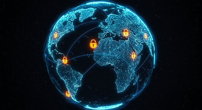 Digital World Protection: A glowing depiction of Earth surrounded by a network of secure locks, representing global cybersecurity, data protection, and digital security. - Powered by Adobe