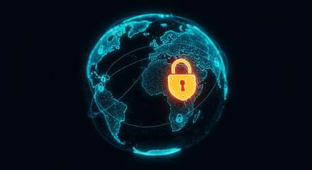 Cyber Security Earth: A mesmerizing visual of the planet Earth, enveloped in a radiant, network of interconnected lines and illuminated by a symbolic lock, suggesting concepts of safety.