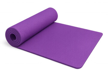 Purple yoga mat partially rolled up, isolated on transparent background, ready for fitness exercises