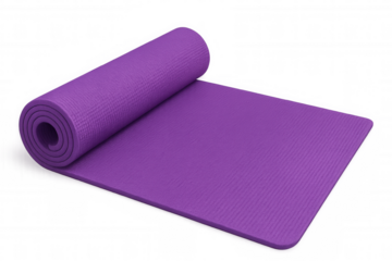 Purple yoga mat partially rolled up, isolated on transparent background, ready for fitness exercises
