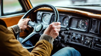A man's hands holding a steering wheel inside an old car, with a vintage dashboard and wooden interior.