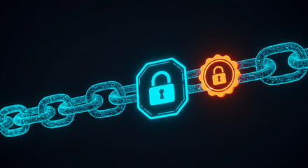 Blockchain Security: A digital depiction of a blockchain with a central lock symbol, representing the secure and interconnected nature of information within a network.