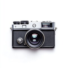 Vintage camera, top-down view, on a white background.  Silver and black components
