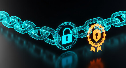Secure Blockchain: A luminous chain with a digital lock icon and a shield, symbolizing data protection and security, reflecting on a dark backdrop.