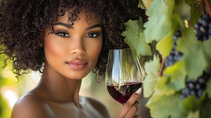 A woman with curly hair, wearing a black top, holding a glass of red wine, standing in a vineyard with grapes and leaves in the background.
