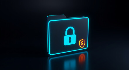 Cyber Security and Data Protection: A glowing folder, illuminated by neon, symbolizes the protection of information through a secure lock icon. This image embodies data integrity, safety.