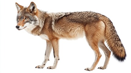 Fototapeta premium A coyote standing in a white background with a blurred forest in the background.