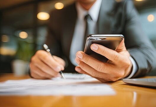 Close-up of a person in a business suit using a smartphone while taking notes - Powered by Adobe