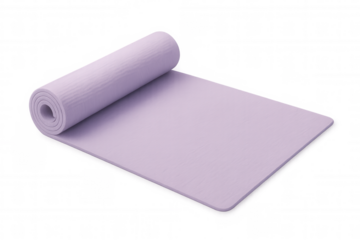 Purple yoga mat partially rolled up, isolated on transparent background, ready for fitness exercises and relaxation