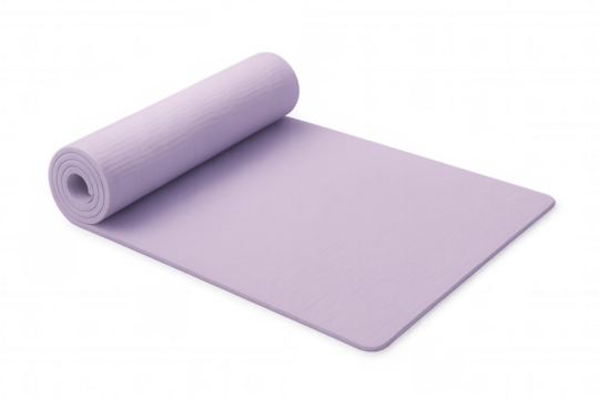 Purple yoga mat partially rolled up, isolated on transparent background, ready for fitness exercises and relaxation