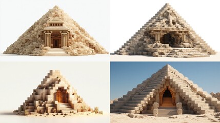 Four digital renderings depict stylized, sandy pyramids with temple-like entrances, showcasing varying states of ruin and architectural details against plain or desert backgrounds