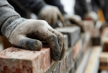 Close-up of a worker's hand wearing a glove, shaping a brick in a construction site