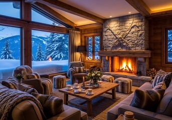 Naklejka premium Mountain chalet living room at night