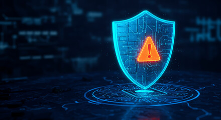 Cybersecurity Shield: A digital shield with an exclamation point illuminates against a darkened background, symbolizing cyber threats and online vulnerability in a sophisticated digital environment.
