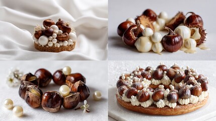 Four close-up shots showcasing elegant chestnut-based desserts; each features a ring of roasted chestnuts adorned with white pearl-like spheres and 