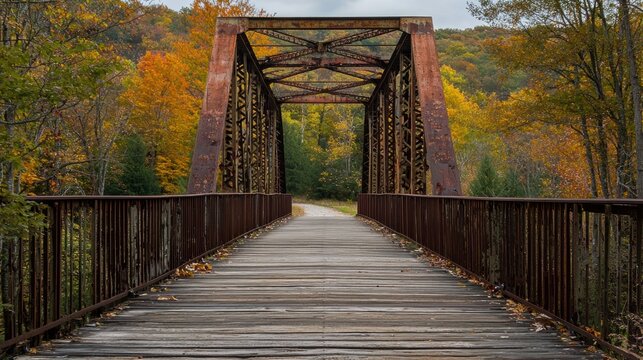 A rustic wooden bridge with rusted metal railings, spanning a river with a forested backdrop in autumn colors, featuring a mix of brown, green, and orange hues, - Powered by Adobe