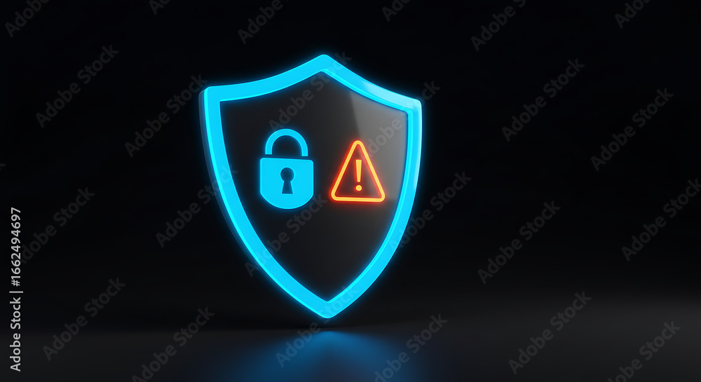Poster cybersecurity protection: a digitally rendered image showcases a glowing shield symbol, incorporatin