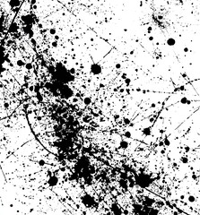 Abstract black ink splatters and streaks on white background