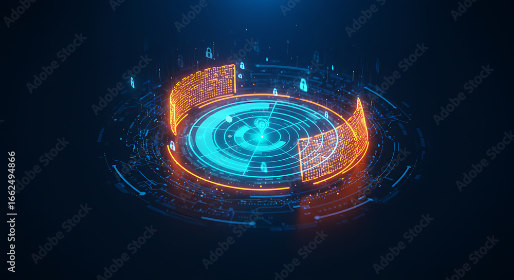 Poster futuristic tech display: a captivating, animated visualization of technology showcases interconnecte