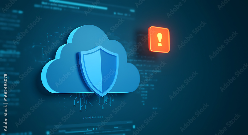 Poster cloud security: a visually compelling illustration of a cloud with a shield overlayed with an exclam