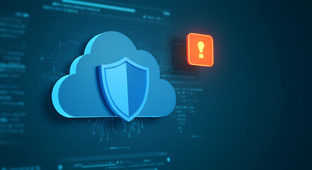 Cloud Security: A visually compelling illustration of a cloud with a shield overlayed with an exclamation mark signifying a network issue or problem.